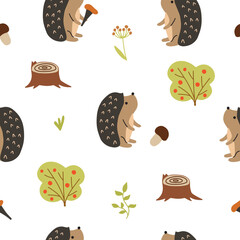 Cute seamless pattern with hedgehog, mushrooms and trees. Hand drawn vector illustration for your design.