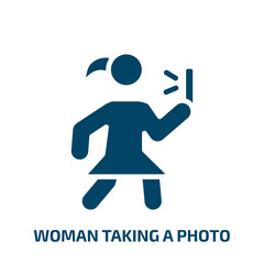 woman taking a photo icon from people collection. Filled woman taking a photo, woman, young glyph icons isolated on white background. Black vector woman taking a photo sign, symbol for web design and