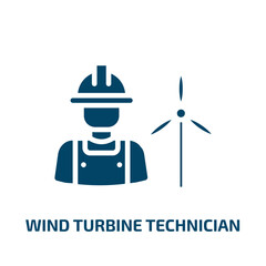 wind turbine technician icon from professions collection. Filled wind turbine technician, worker, wind glyph icons isolated on white background. Black vector wind turbine technician sign, symbol for