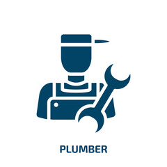 plumber icon from professions collection. Filled plumber, vector, repair glyph icons isolated on white background. Black vector plumber sign, symbol for web design and mobile apps