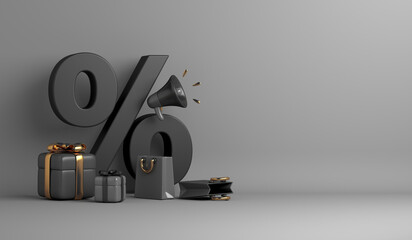Black Friday sale decoration background with percent symbol, gift box, megaphone, shopping bag copy space text, 3D rendering illustration