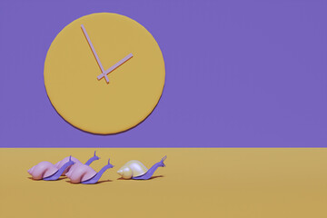 Business competition concept. Snail leading the race against a group of slower snails on purple background. Lazy and slow snail with hourglass. Copy space. 3D illustration.3D render
