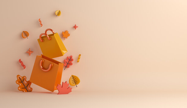 Autumn decoration background with shopping bag, orange leaves, copy space text, 3d rendering illustration