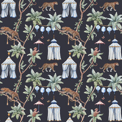 Beautiful tropical seamless pattern with watercolor hand drawn palm trees jaguar monkey with sun umbrella and old styled tent. Stock illustration. © zenina