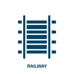 railway icon from traffic signs collection. Filled railway, train, vehicle glyph icons isolated on white background. Black vector railway sign, symbol for web design and mobile apps