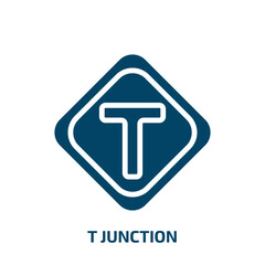 t junction icon from traffic signs collection. Filled t junction, road, travel glyph icons isolated on white background. Black vector t junction sign, symbol for web design and mobile apps