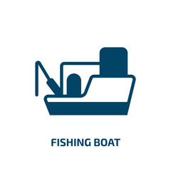 fishing boat icon from transport collection. Filled fishing boat, sea, fishing glyph icons isolated on white background. Black vector fishing boat sign, symbol for web design and mobile apps