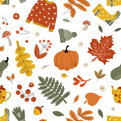 Seamless autumn pattern with sweater, hat, pumpkin and yellow leaves. Fabric print on a white background.