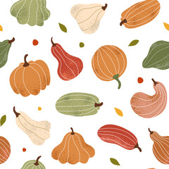 Seamless autumn pattern with pumpkins, squash, zucchini. A mosaic from the harvest for Halloween. White background