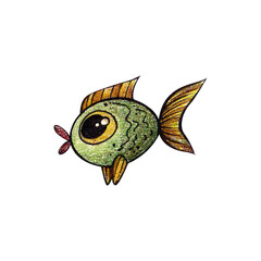 fish on a transparent background. marine doodle illustration with watercolor pencils. for printing stickers, cards, icons, logo, print. children's book illustration