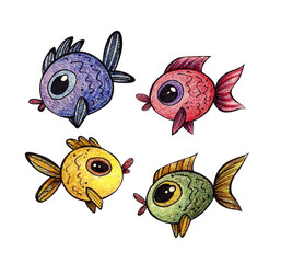 fish . marine set. doodle illustration with watercolor pencils isolated on white background. for printing stickers, cards, icons, logo, print. 