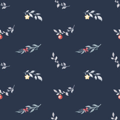 Watercolor hand drawn seamless pattern with winter decorative twigs, branches, leaves. Branches with Christmas decorations, balls, icicles, stars isolated on dark background. New year illustrations.