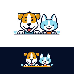 Cartoon dog and cat smiling faces vector logo illustration - 532342237