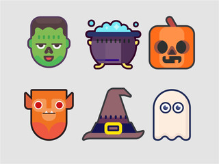 Cute halloween character collection set isolated on white. Emoticon, logo, mascot, cute, colorful, flat and futuristic design.