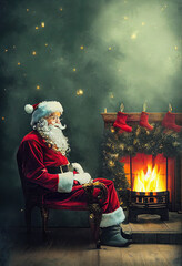 Santa Claus in his house sitting by the fireplace. AI generated illustration without reference.