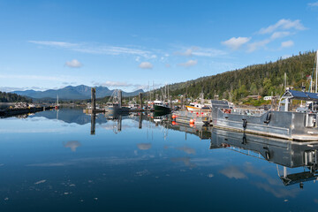 Reflections in the habor in Queen Charlotte City on Hadai Gwaii island in British Columbia, Canada