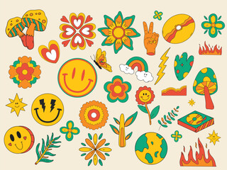 collection of hippie flowers. vintage vector wildflowers.Funky and groove isolated plant elements.Plants of the 60s and 70s.Naive childish style by hand.Open-air flower festival.Forget-me-not, daisy.