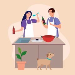 couple cooking with dog