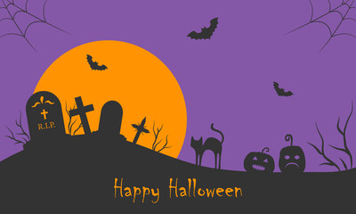 Happy Halloween banner with the silhouette of the cemetery against the background of the moon