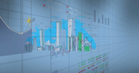 Image of data processing over city drawing