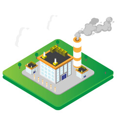 Climate Change Isometric Background with green grass. factory smoke, and cloud transparent background