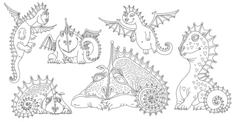 Vector set of funny cartoon dragons. Adults and children coloring book page