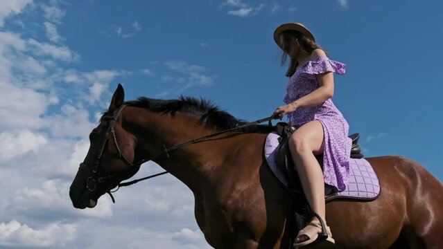Young woman in a summer dress and straw hat riding a horse in a rural field in the countryside, slow motion. Horseback riding at equestrian yard. Attractive horsewoman is on a saddle riding. Lifestyle