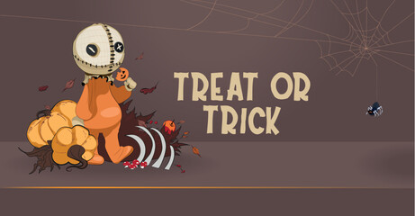 Happy Halloween banner or party invitation background with night clouds and pumpkins. Vector illustration. Full moon in the sky, spiders web and flying bats. Place for text