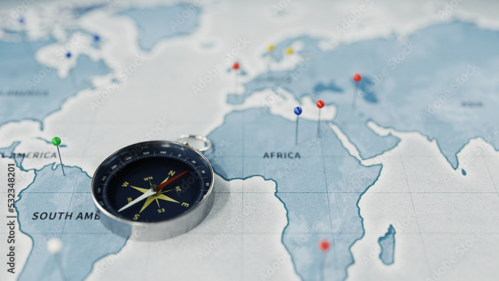 Poster compass and world map, 3d rendering
