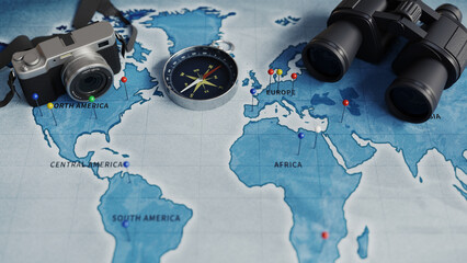 compass, binocular, camera and world map, 3d rendering