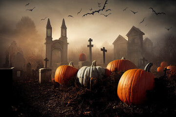 Pumpkins from skulls, bats, moon and tombs in the graveyard on spooky Halloween night. Digital Painting Background, Illustration.