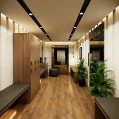 Container changing room for a gym interior design. 3D render and architectural visualization