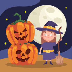 halloween pumpkins and little witch