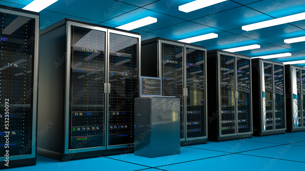 Poster server room. server data center. backup, mining, hosting, mainframe, farm and computer rack with sto