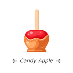 Caramel candy apple with wooden stick. Vector illustration isolated on white background