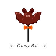 Bat-shaped chocolate candy on stick with bow. Vector illustration isolated on white background