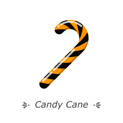Candy cane with orange and black stripes. Flat vector illustration isolated on white background
