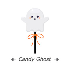 Cute ghost-shaped candy on stick with bow. Vector illustration isolated on white background