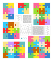 Jigsaw puzzle blank templates and colorful patterns of various dimensions. 
