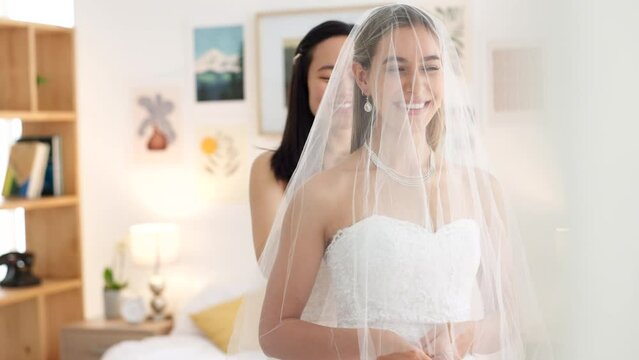 Wedding Veil Of Woman With Friends Help In Dressing Room. Happy People, Women Love And Bridesmaid Support Or Helping Bride With Fitting Designer Fabric On Her Head For Beauty, Marriage And Happiness