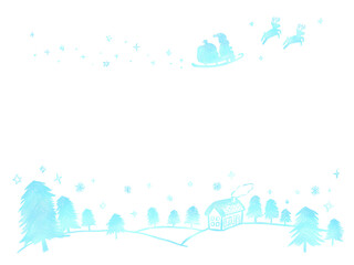 Fototapeta na wymiar Christmas Santa Claus flying in the sky, reindeer and house in the winter forest Silhouette: Simple hand-drawn illustration / クリスマス 空を飛ぶサンタクロースとトナカイと冬の森の家 シルエット：シンプルな手描きイラスト