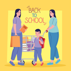 back to school lettering with women and boy
