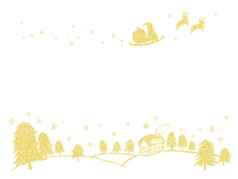 Christmas Santa Claus flying in the sky, reindeer and house in the winter forest Silhouette: Simple hand-drawn illustration / クリスマス 空を飛ぶサンタクロースとトナカイと冬の森の家 シルエット：シンプルな手描きイラスト