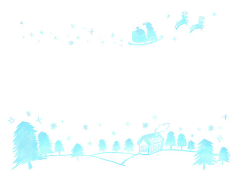 Christmas Santa Claus flying in the sky, reindeer and house in the winter forest Silhouette: Simple hand-drawn illustration / クリスマス 空を飛ぶサンタクロースとトナカイと冬の森の家 シルエット：シンプルな手描きイラスト