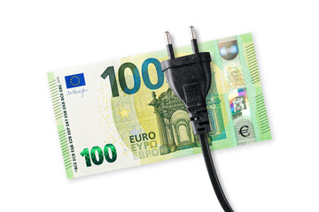 Euro banknotes on a white background with power socket. Energy crisis and expensive electricity, gas price. Big heating, gas and electricity bill