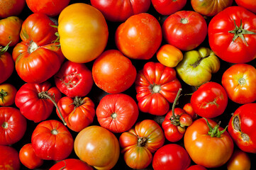 The last autumn harvest of tomatoes of different colors, sizes and ripeness.