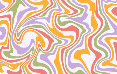 Abstract horizontal groovy background with colorful distorted waves. Trendy vector illustration in style retro 60s, 70s. Pastel colors
