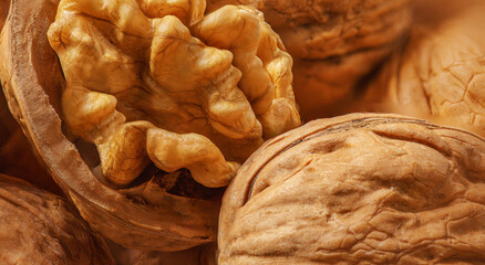 Walnuts as a background top view. Fresh Walnut kernels closeup