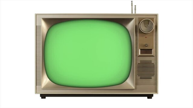 Green screen 3d TV 1960 retro tv build in style slide forward & turn on - build out style slide backward & turn off , with a close view of the tv object