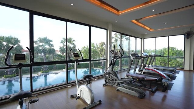 Modern and Luxury Gym Interior Design With Swimming Pool, No People